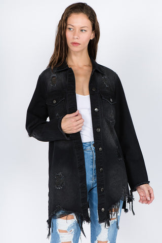 American Bazi Distressed Frayed Hem Denim Jacket Trendsi