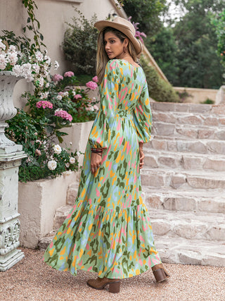 Printed Tie Neck Long Sleeve Maxi Dress Trendsi