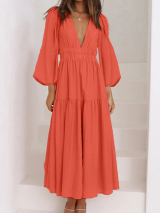 Deep V-Neck Balloon Sleeve Plain Maxi Dress Trendsi