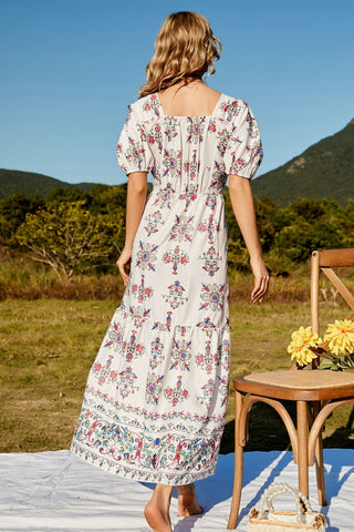 Floral Ruched Puff Sleeve Tiered Maxi Dress Trendsi