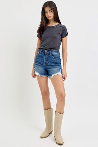 RISEN High Rise Side Step Hem Denim Shorts Trendsi