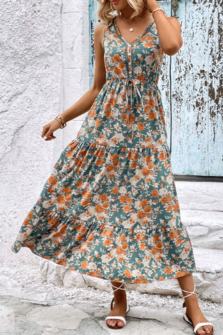 Perfee Floral V-Neck Tiered Sleeveless Dress Trendsi