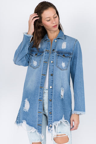 American Bazi Distressed Frayed Hem Denim Jacket Trendsi