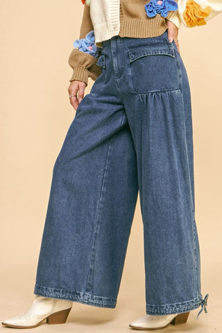 Davi & Dani Drawstring Hem Wide Leg Mid Rise Jeans Trendsi