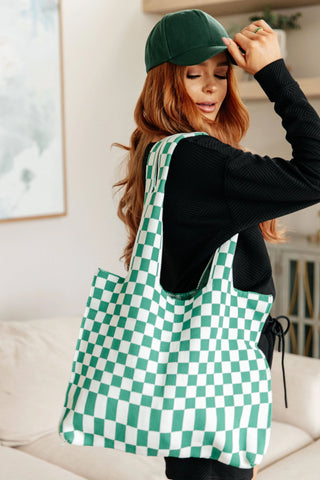 Checkerboard Lazy Wind Big Bag in Green & White - Fashion Are Us, LLC