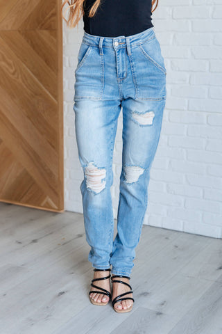 Aiden High Rise Patch Pocket Distressed Boyfriend Jeans - Fashion Are Us, LLC