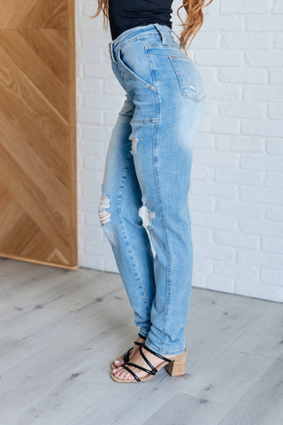 Aiden High Rise Patch Pocket Distressed Boyfriend Jeans - Fashion Are Us, LLC