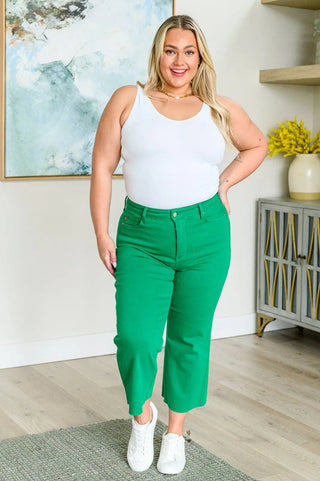 Lisa High Rise Control Top Wide Leg Crop Jeans in Kelly Green - Fashion Are Us, LLC