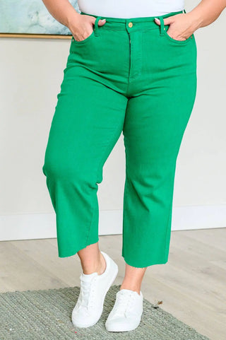 Lisa High Rise Control Top Wide Leg Crop Jeans in Kelly Green - Fashion Are Us, LLC