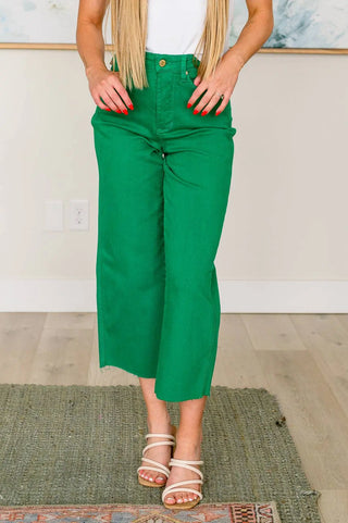 Lisa High Rise Control Top Wide Leg Crop Jeans in Kelly Green - Fashion Are Us, LLC