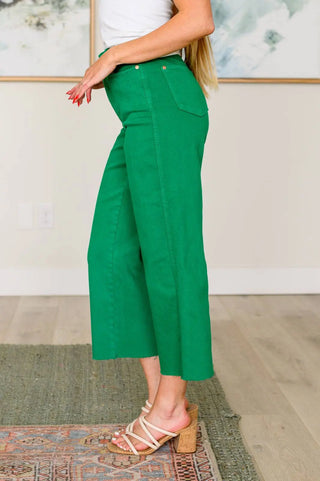 Lisa High Rise Control Top Wide Leg Crop Jeans in Kelly Green - Fashion Are Us, LLC