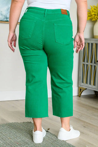 Lisa High Rise Control Top Wide Leg Crop Jeans in Kelly Green - Fashion Are Us, LLC