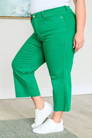 Lisa High Rise Control Top Wide Leg Crop Jeans in Kelly Green - Fashion Are Us, LLC