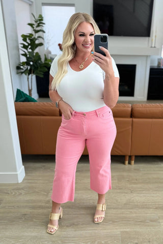 Lisa High Rise Control Top Wide Leg Crop Jeans in Pink - Fashion Are Us, LLC