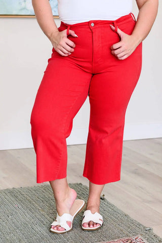 Lisa High Rise Control Top Wide Leg Crop Jeans in Red - Fashion Are Us, LLC