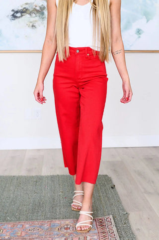 Lisa High Rise Control Top Wide Leg Crop Jeans in Red - Fashion Are Us, LLC