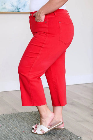 Lisa High Rise Control Top Wide Leg Crop Jeans in Red - Fashion Are Us, LLC