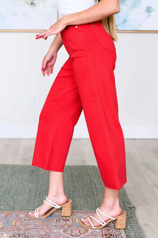 Lisa High Rise Control Top Wide Leg Crop Jeans in Red - Fashion Are Us, LLC