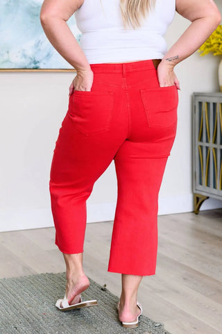 Lisa High Rise Control Top Wide Leg Crop Jeans in Red - Fashion Are Us, LLC