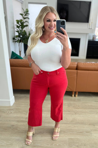 Lisa High Rise Control Top Wide Leg Crop Jeans in Red - Fashion Are Us, LLC