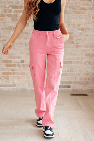 Peggy High Rise Cargo Straight Jeans in Pink - Fashion Are Us, LLC