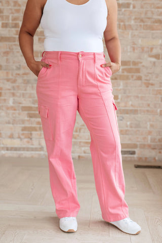 Peggy High Rise Cargo Straight Jeans in Pink - Fashion Are Us, LLC