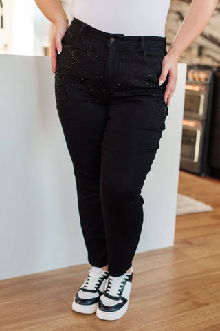 Reese Rhinestone Slim Fit Jeans in Black - Fashion Are Us, LLC