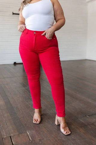 Ruby High Rise Control Top Garment Dyed Skinny Jeans in Red - Fashion Are Us, LLC