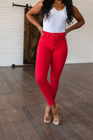 Ruby High Rise Control Top Garment Dyed Skinny Jeans in Red - Fashion Are Us, LLC