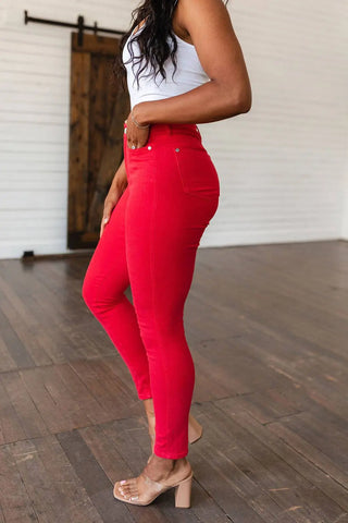 Ruby High Rise Control Top Garment Dyed Skinny Jeans in Red - Fashion Are Us, LLC