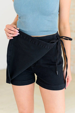 Bentli High Rise Side Tie Denim Skort in Black - Fashion Are Us, LLC