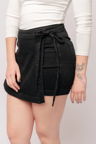 Bentli High Rise Side Tie Denim Skort in Black - Fashion Are Us, LLC