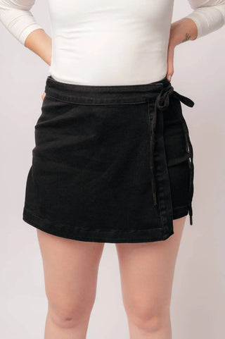 Bentli High Rise Side Tie Denim Skort in Black - Fashion Are Us, LLC