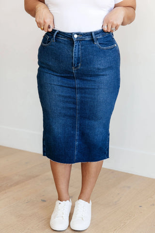 Marcy High Rise Denim Midi Skirt - Fashion Are Us, LLC