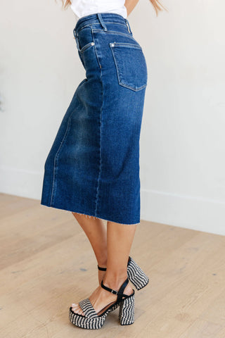 Marcy High Rise Denim Midi Skirt - Fashion Are Us, LLC