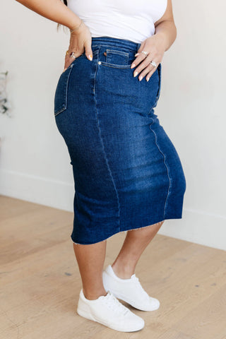 Marcy High Rise Denim Midi Skirt - Fashion Are Us, LLC