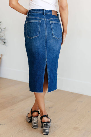 Marcy High Rise Denim Midi Skirt - Fashion Are Us, LLC