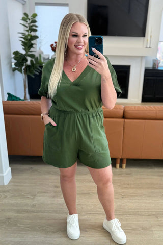 Short Sleeve V-Neck Romper in Army Green Ave Shops