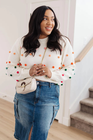 Candy Buttons Pom Detail Sweater - Fashion Are Us, LLC