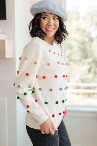 Candy Buttons Pom Detail Sweater - Fashion Are Us, LLC