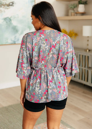 Dreamer Peplum Top in Grey and Pink Floral - Fashion Are Us, LLC