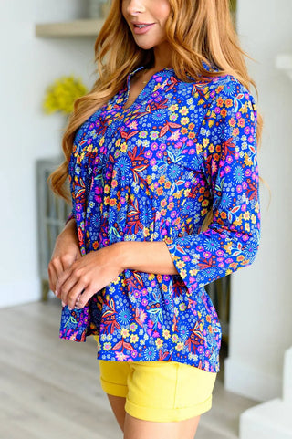 Lizzy Babydoll Top in Royal Retro Floral - Fashion Are Us, LLC