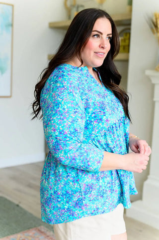 Lizzy Babydoll Top in Teal Brushstrokes - Fashion Are Us, LLC