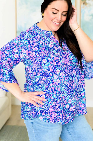 Lizzy Bell Sleeve Top in Navy and Pink Floral - Fashion Are Us, LLC