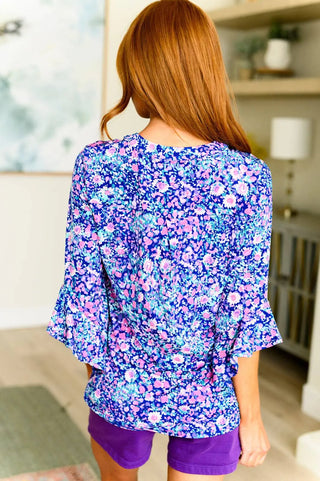 Lizzy Bell Sleeve Top in Navy and Pink Floral - Fashion Are Us, LLC