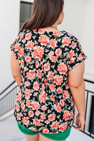 Lizzy Cap Sleeve Top in Black and Coral Floral - Fashion Are Us, LLC