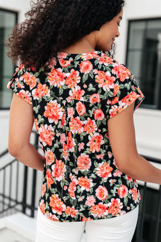 Lizzy Cap Sleeve Top in Black and Coral Floral - Fashion Are Us, LLC