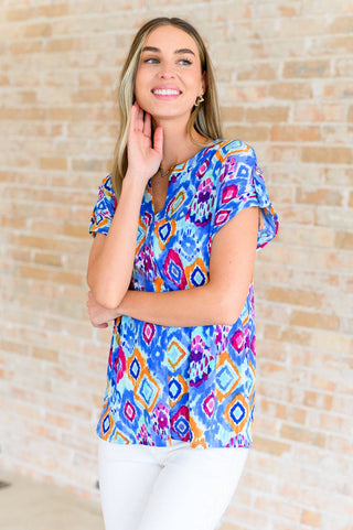 Lizzy Cap Sleeve Top in Blue and Magenta Ikat - Fashion Are Us, LLC