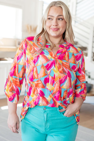 Lizzy Top in Teal and Hot Pink Abstract Fans - Fashion Are Us, LLC