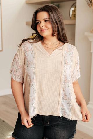 Mention Me Floral Accent Top in Toasted Almond - Fashion Are Us, LLC